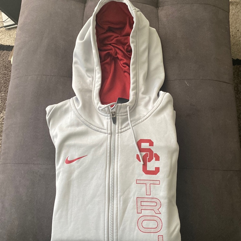 Large NIKE USC Grey and Cardinal Red Zip Up Hoodie